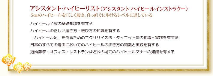 3級：アシスタント・ハイヒーリスト（アシスタント・ハイヒールインストラクー）5�pのハイヒールを正しく履き、真っ直ぐに歩けるレベルに達している。ハイヒール全般の基礎知識を有する。ハイヒールの正しい履き方・選び方の知識を有する。「ハイヒール足」を作るためのエクササイズ法・ダイエット法の知識と実践を有する。日常のすべての場面においてのハイヒールの歩き方の知識と実践を有する。冠婚葬祭・オフィス・レストランなど公の場でのハイヒールマナーの知識を有する。